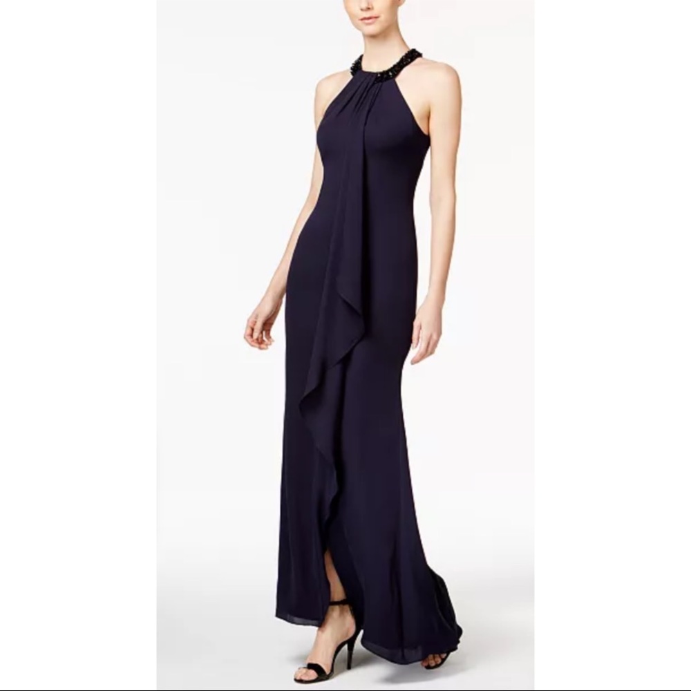Calvin Klein Beaded-Neck Black Halter Gown